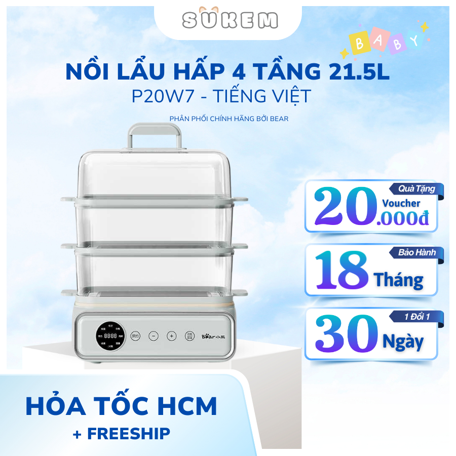 Nồi Hấp Bear 21.5L Nồi Hấp 4 Tầng Nồi Lẩu Hấp Điện Hấp Đồ Ăn Đa Năng Nồi Lẩu Hơi Kèm Hấp DZG-P20W7
