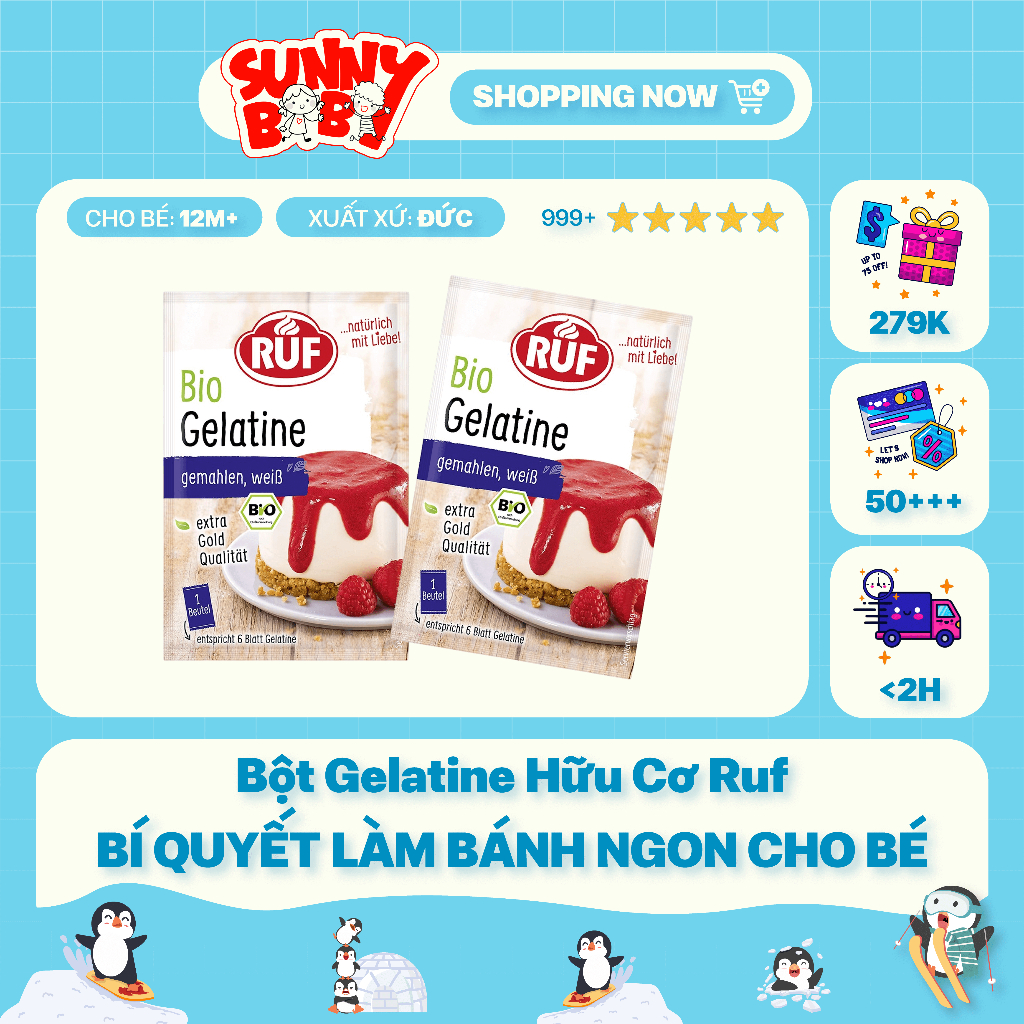 [ĐỨC] Bột Gelatine hữu cơ RUF 9g làm thạch rau câu, pudding và chế biến các món ăn cho Bé ăn dặm