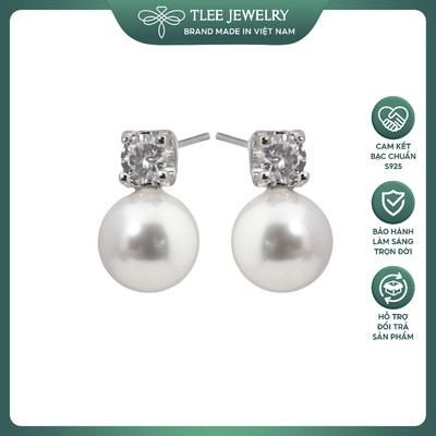 Khuyên tai bạc nữ TLEE ngọc trai nhân tạo 8mm đính đá sang trọng, nữ tính TleeJewelry