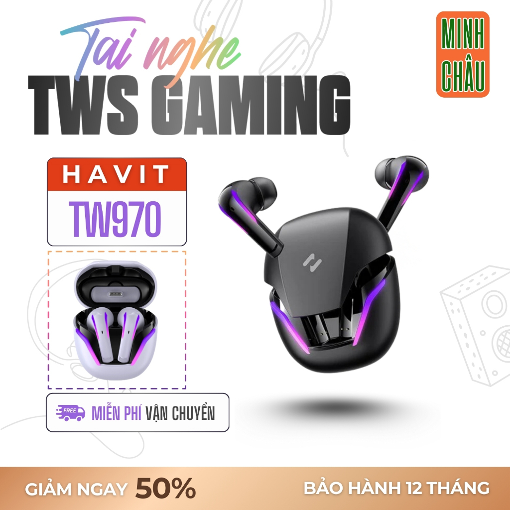 Tai nghe Bluetooth TWS HAVIT TW970, BT 5.3, Dongle Mode Độ Trễ 0,018s Hổ trợ 2 Mic ENC/Đèn RGB, Nghe