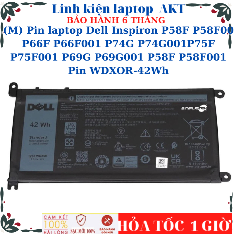 (M) Pin laptop Dell Inspiron P58F P58F00 P66F P66F001 P74G P74G001P75F P75F001 P69G P69G001 P58F P58