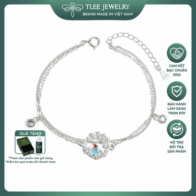 Lắc tay bạc nữ TLEE dây kép Moon Laurel ánh trăng đính đá moonstone treo ổ đá tròn TLEE JEWELRY LT0492