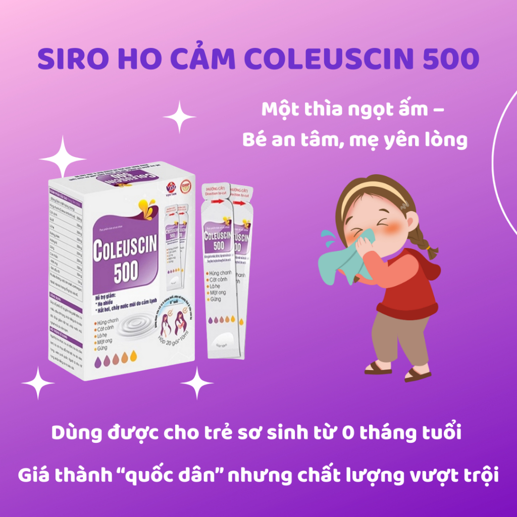 Siro ho cảm COLEUSCIN 500 giúp giảm hắt hơi, chảy nước mũi, nghẹt mũi do cảm lạnh, bổ phế