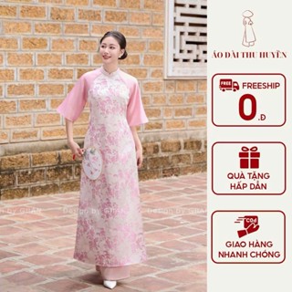  Áo dài cách tân màu hồng vải thêu hoa tay cách điệu phối voan 