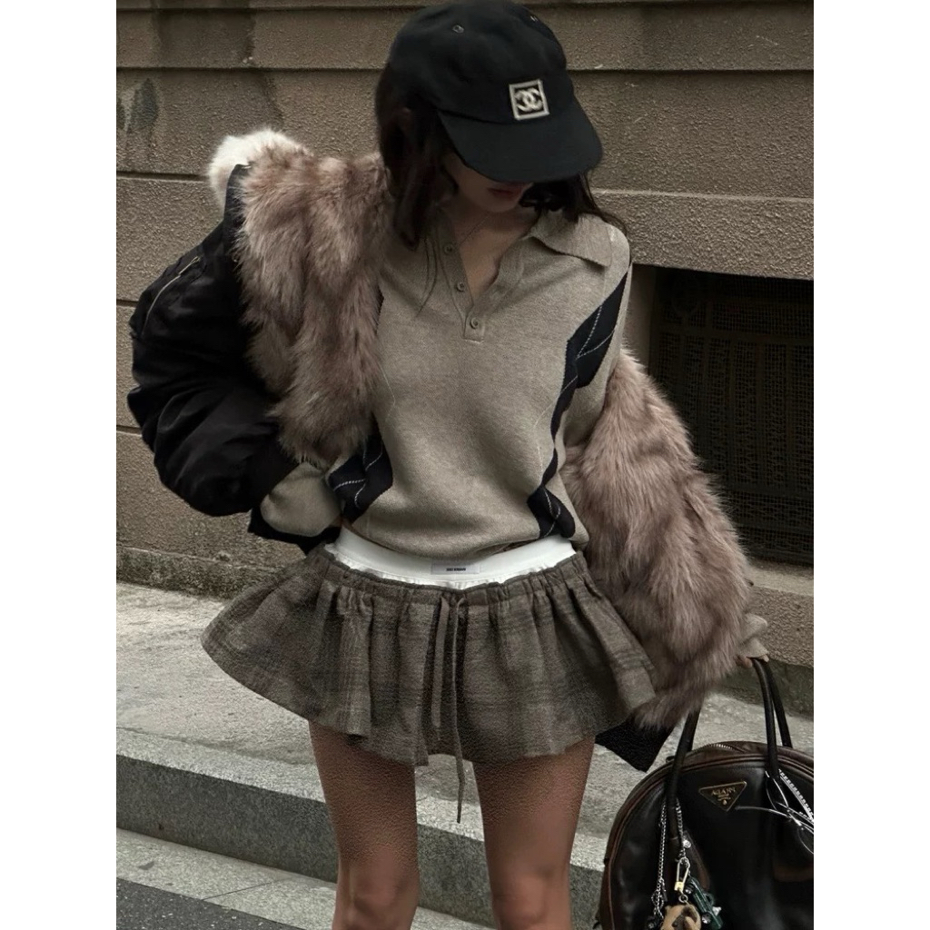 Flora(Taobao) Set váy len dệt kim hoạ tiết caro chéo màu xám nâu trendy,chân váy phối kiểu có lót ch