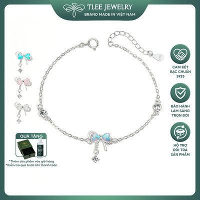 Lắc tay bạc nữ TLEE vòng tay nơ đính đá trái tim đa sắc treo hạt đá nhẩy nữ tính TleeJewelry LT0493