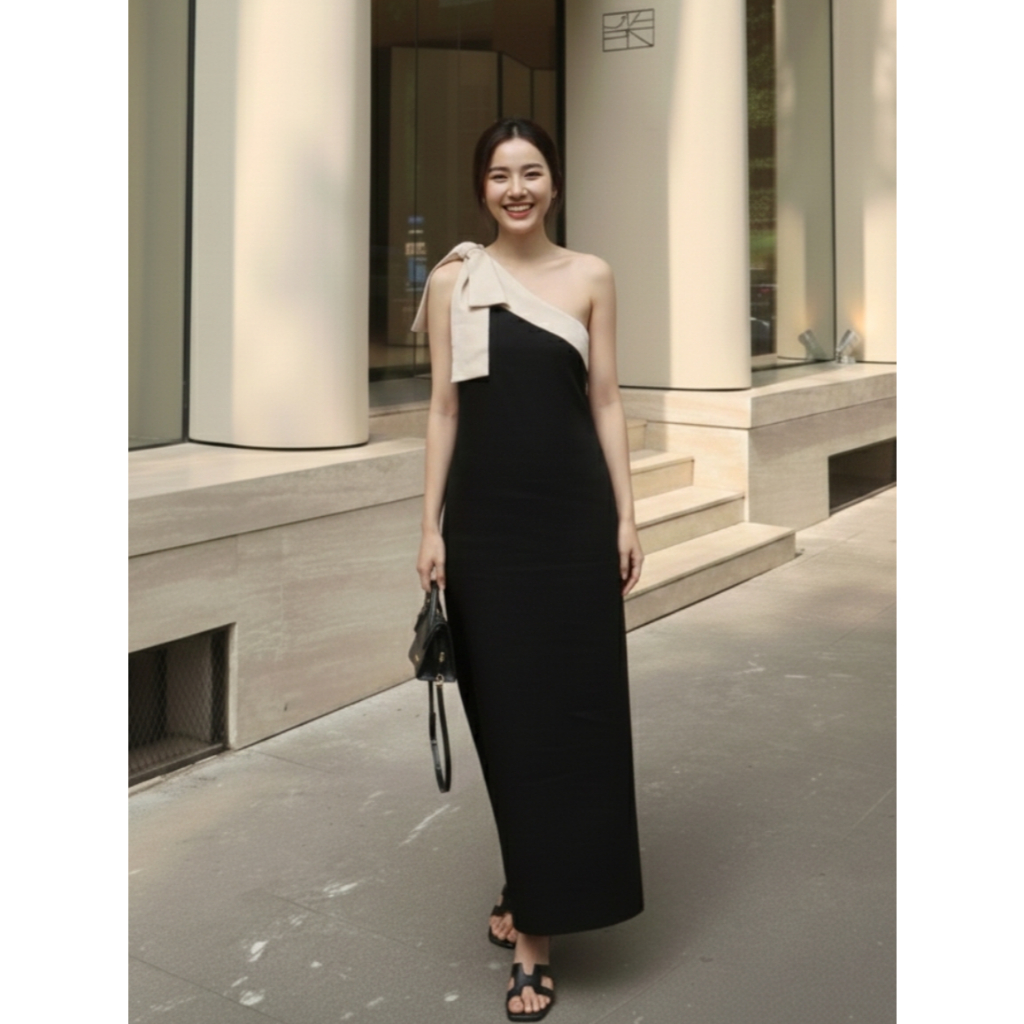 Đầm linen cổ chéo lệch vai thắt nơ thiết kế phối màu 2 lớp dáng dài thanh lịch, nữ tính