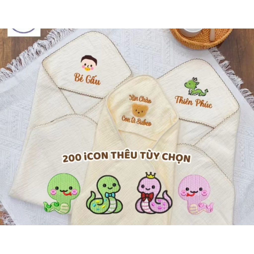(THÊU TÊN) Ủ Choàng Xô Hàn Cho Bé Sơ Sinh Thêu Tên Theo Yêu Cầu Chăn Choàng Ủ Xô Muslin Có Mũ