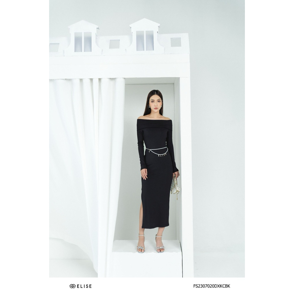 [PASS SIZE L] ĐẦM ELISE CHÍNH HÃNG M, L VỪA. Đầm Thun Đen Hở Vai (không kèm đai) Chính Hãng Elise mặ