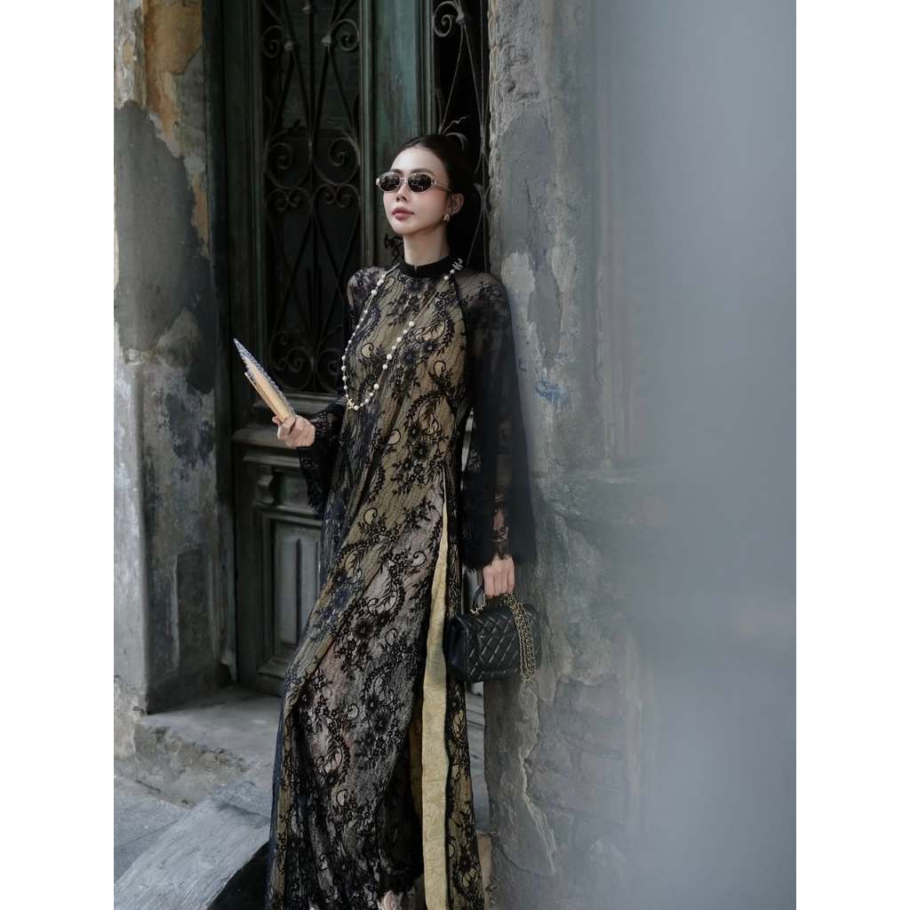 CHUẨN HÃNG. MẪU MẶC Set áo dài ren mềm đen lót gấm màu be quần ren ASTER SHOP