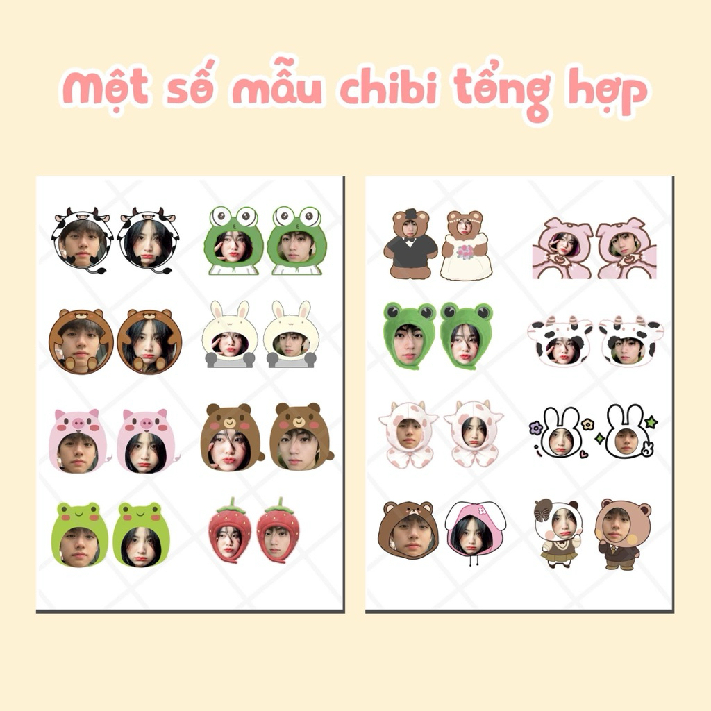 In hình chibi ghép mặt 4cm 24 hình chibi đôi 7cm 8 hình /A4 ko cắt sẵn chất liệu decal mực tốt (ghép