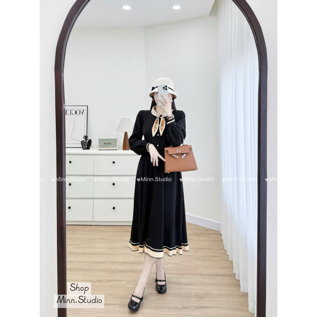 [Minn.Studio] Váy Len Cổ Tròn Tay Dài Phối Viền Kèm Khăn (Hàng QC)-KH3