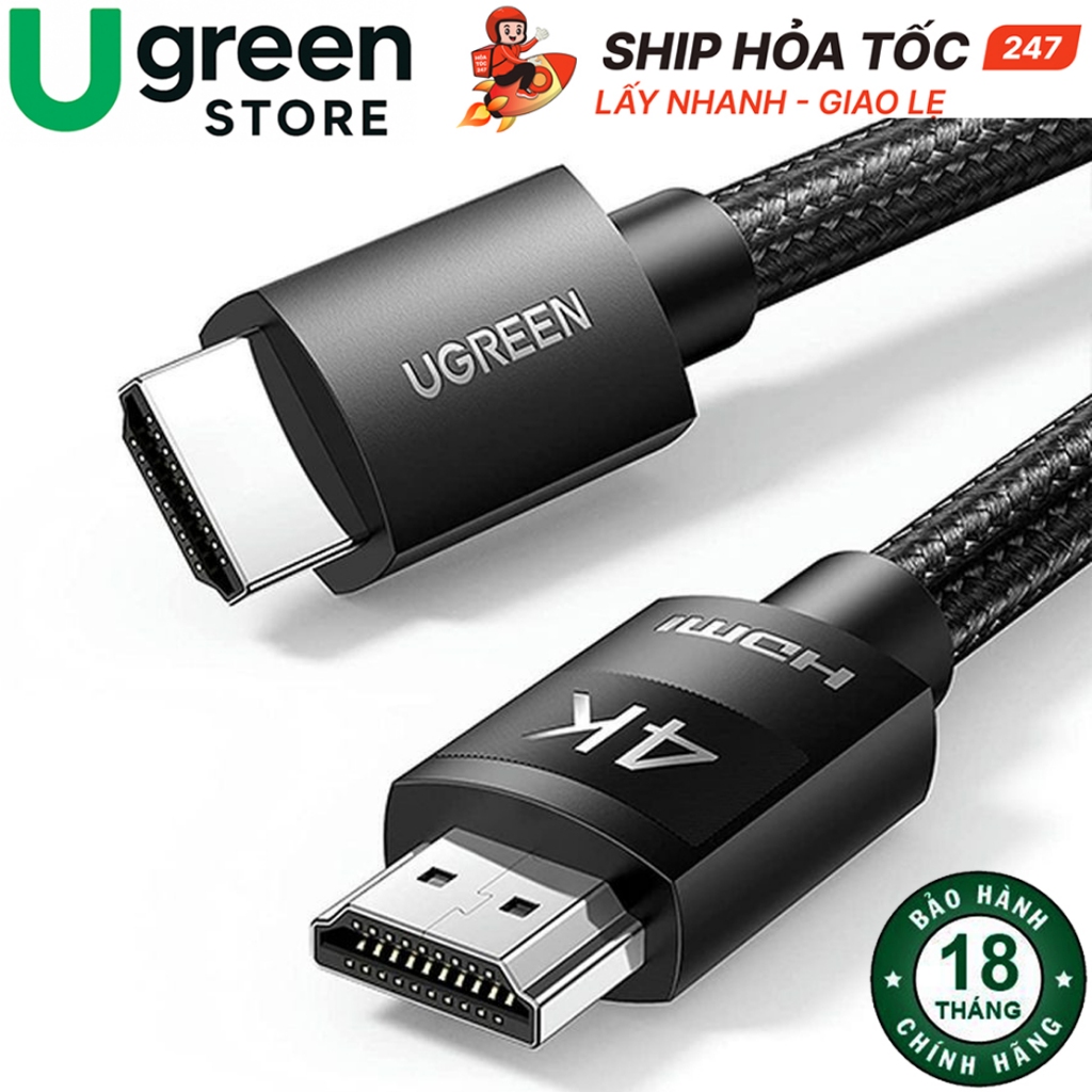 Cáp HDMI 2.0 UGREEN HD119 phẩn giải 4K cho màn hình, Dây HDMI Vỏ Bện Nylon Chắc Chắn