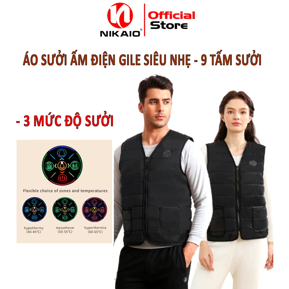Áo Gile siêu nhẹ sưởi Ấm NIKITO Chạy Bằng Pin dự phòng, 3 Mức Độ Sưởi, 9 Tấm Sưởi Làm nóng nhanh, mẫ