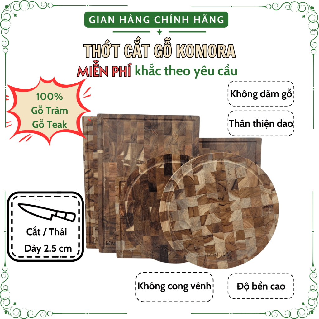 [Thớt Cắt/Thái] Thớt Gỗ KOMORA, Miễn Phí Khắc Theo Yêu Cầu, Quà Tặng Ý Nghĩa, Không Dăm Gỗ, Bền Chắc