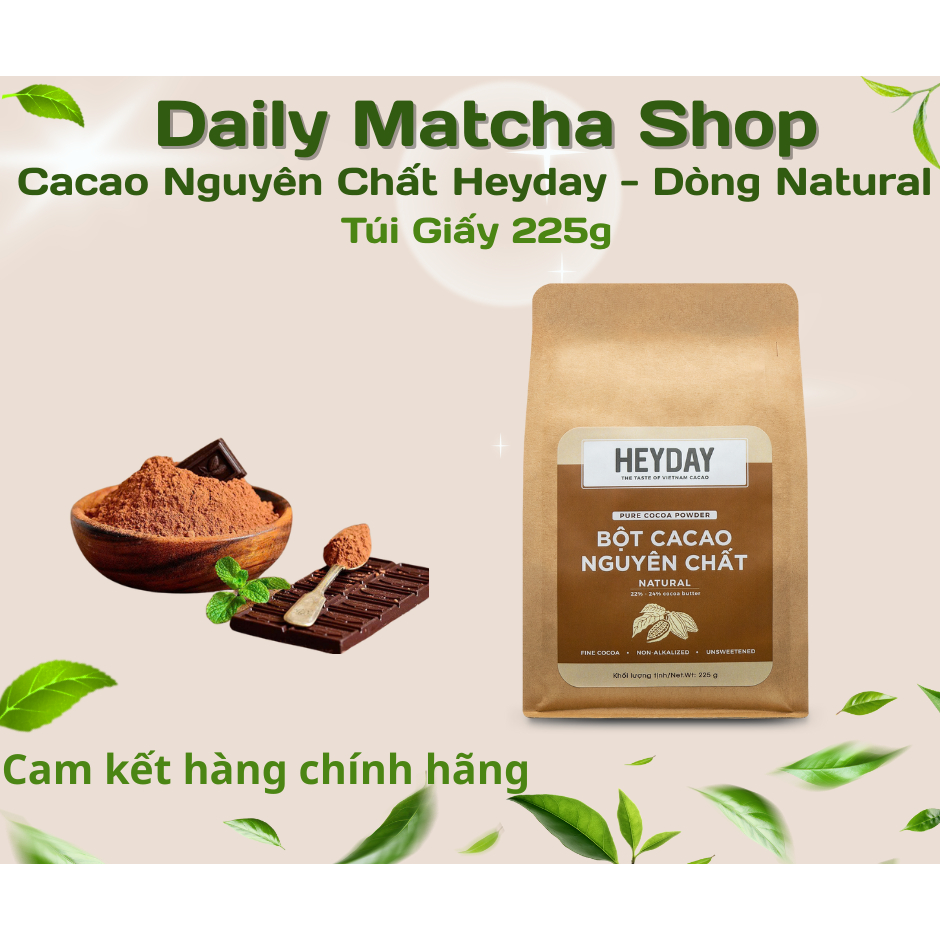 Bột Cacao Heyday nguyên chất không đường - Dòng Natural thuần tự nhiên - Túi giấy 225gr