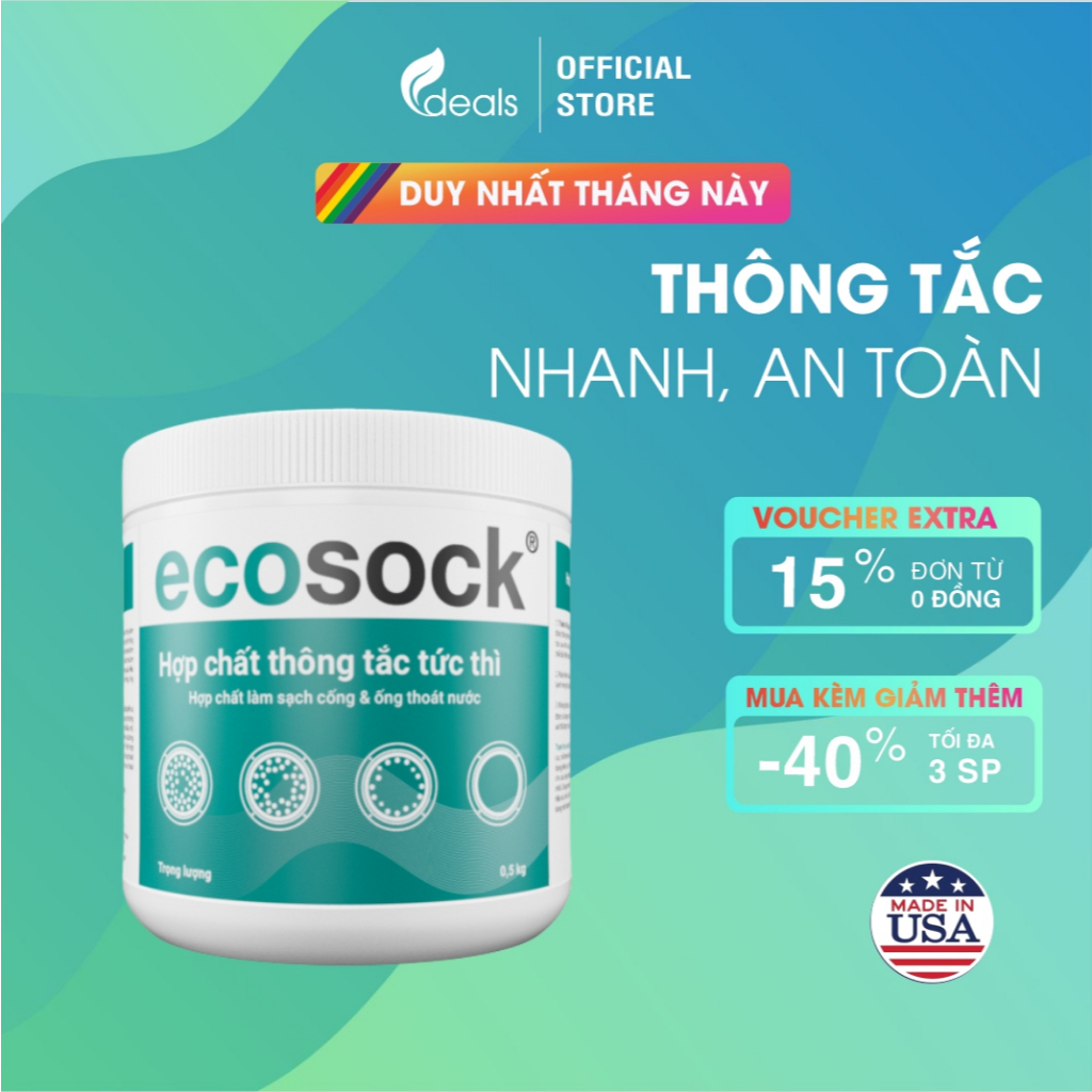 Bột Thông Tắc EcoSock - Phân Hủy Tóc, Dầu Mỡ, Thức Ăn, Chất Thải - KPT CHEM - Hộp 500g