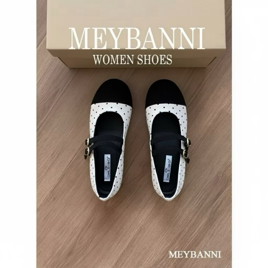 [CHÂN GẦY LÙI 1 SIZE] Giày Búp Bê MEYBANNI Đế Bệt Mũi Tròn Phối Chấm Bi Quai Ngang Dễ Thương - C665