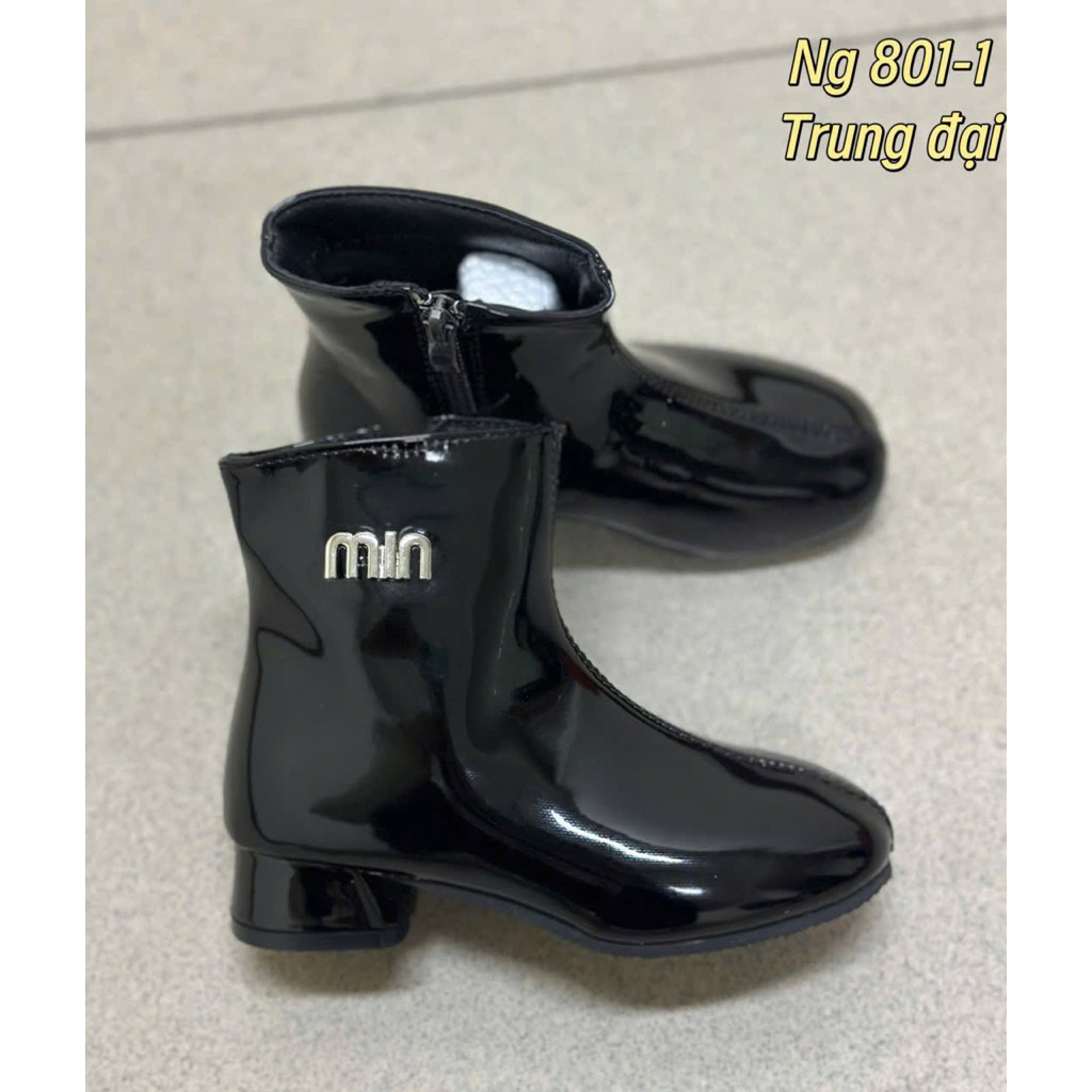 Boot Da Đen Cao Gót Cổ Ngắn Sành Điệu Cho Bé Gái Size 23-36, Boot Đen Da Bóng Cổ Ngắn Thời Trang Cho