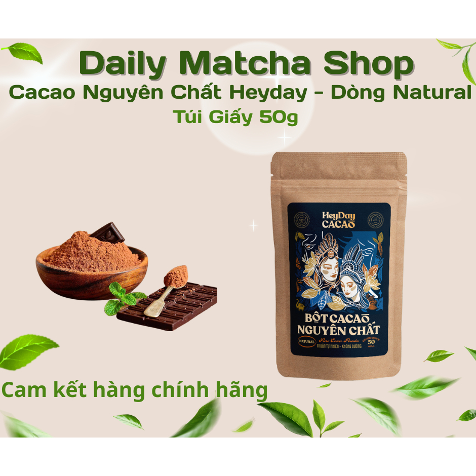 Bột Cacao Heyday nguyên chất không đường - Dòng Natural thuần tự nhiên - Túi giấy 50gr