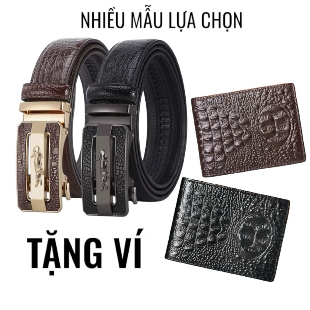 (TẶNG VÍ CÁ SẤU) Thắt Lưng Da Khóa Tự Động Vân Da Cá Sấu Cao Cấp - TẶNG Ví Cá Sấu Có Khóa Kéo