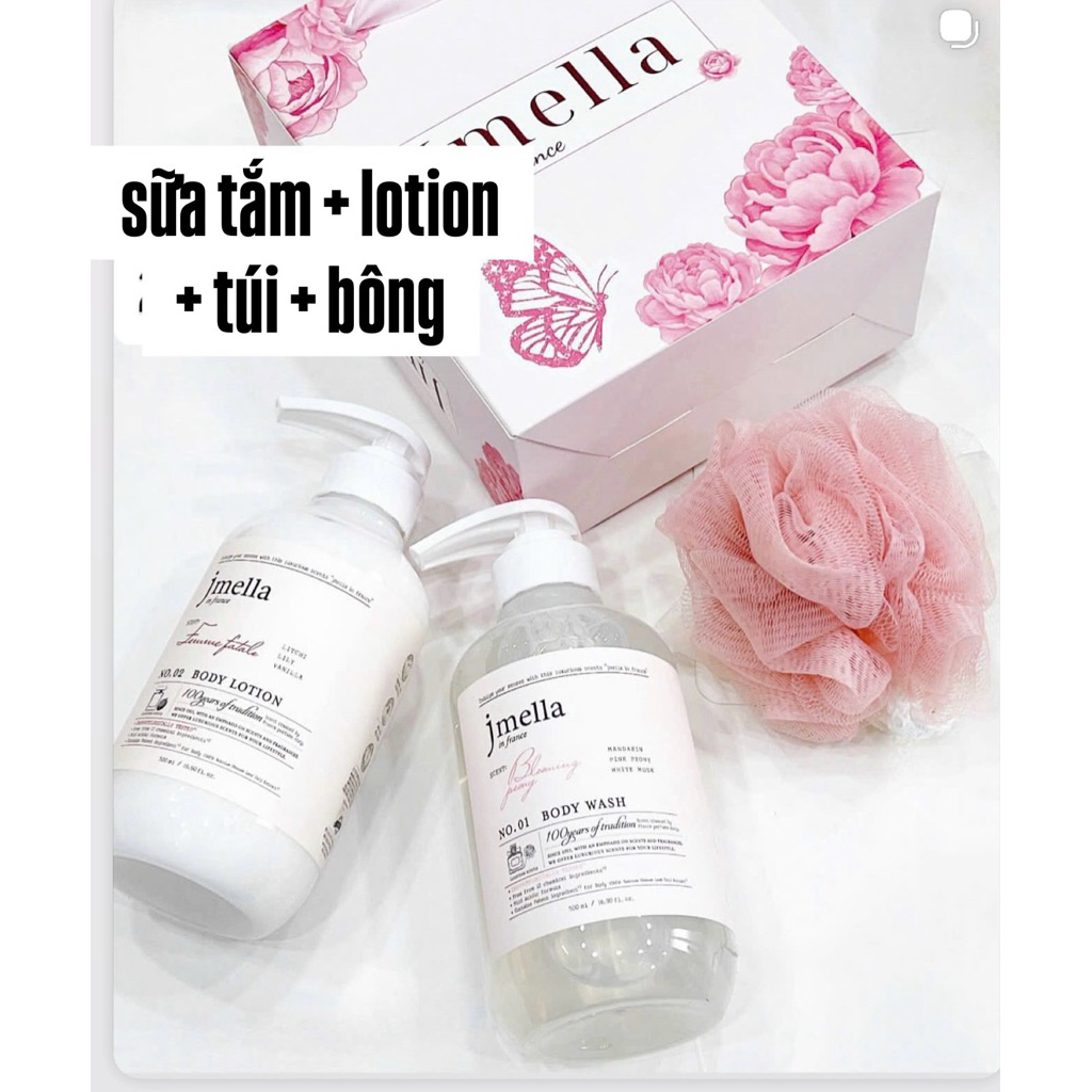 Set Sữa tắm + lotion + túi + bông Jmella
