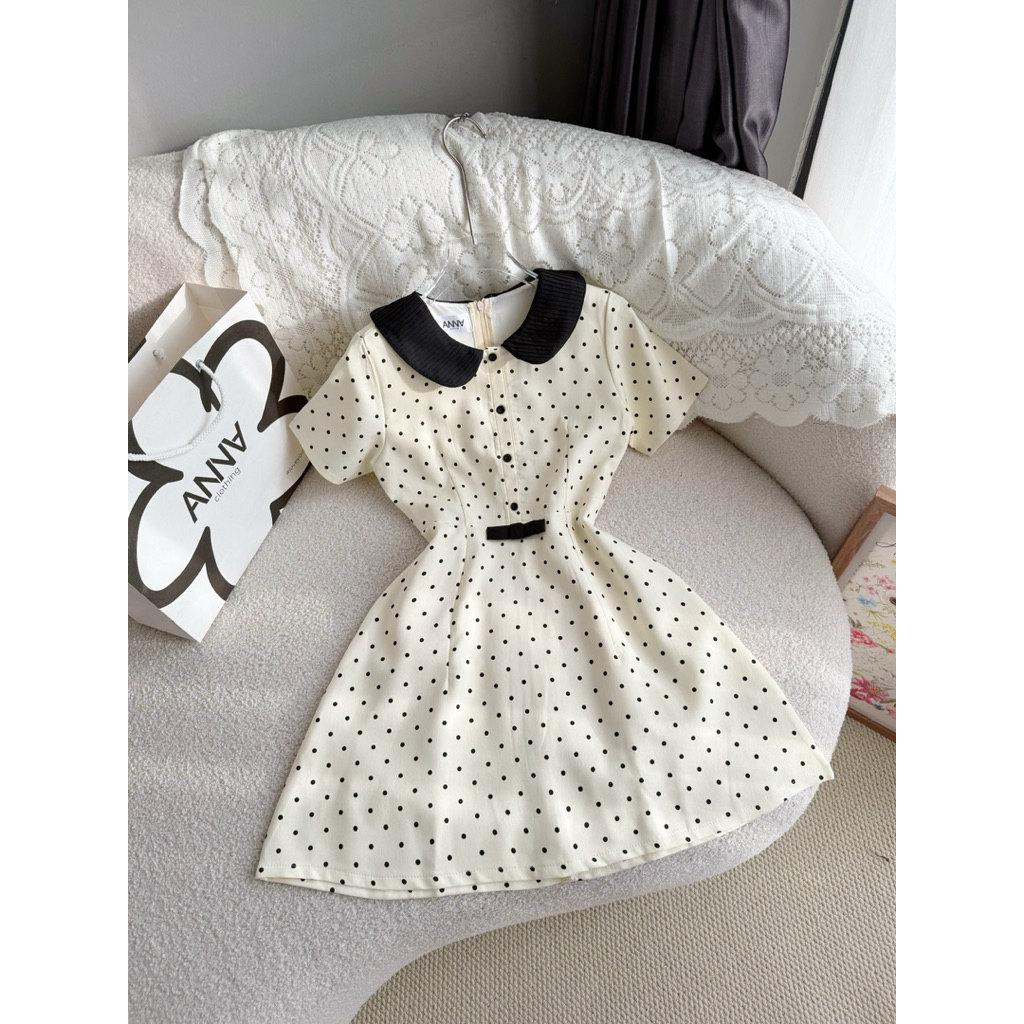 Đầm Kiểu Nữ Chấm Bi Kem Viền Cổ Đen Anna - Jade Dress