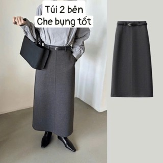  Chân Váy Dạ Dài 80-90cm phối túi  tặng kèm đai belt  xẻ sau 2 lớp ấm áp thời trang THU ĐÔNG 2025 