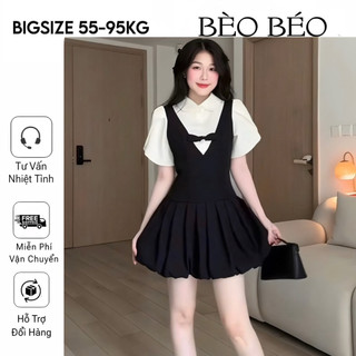   BÈO BÉO BIGSIZE   VÁY THIẾT KẾ SƠ MI TIỂU THƯ TAY BỒNG DÁNG BÍ XOÈ ĐÍNH NƠ FORM BIGSIZE 60-90KG 