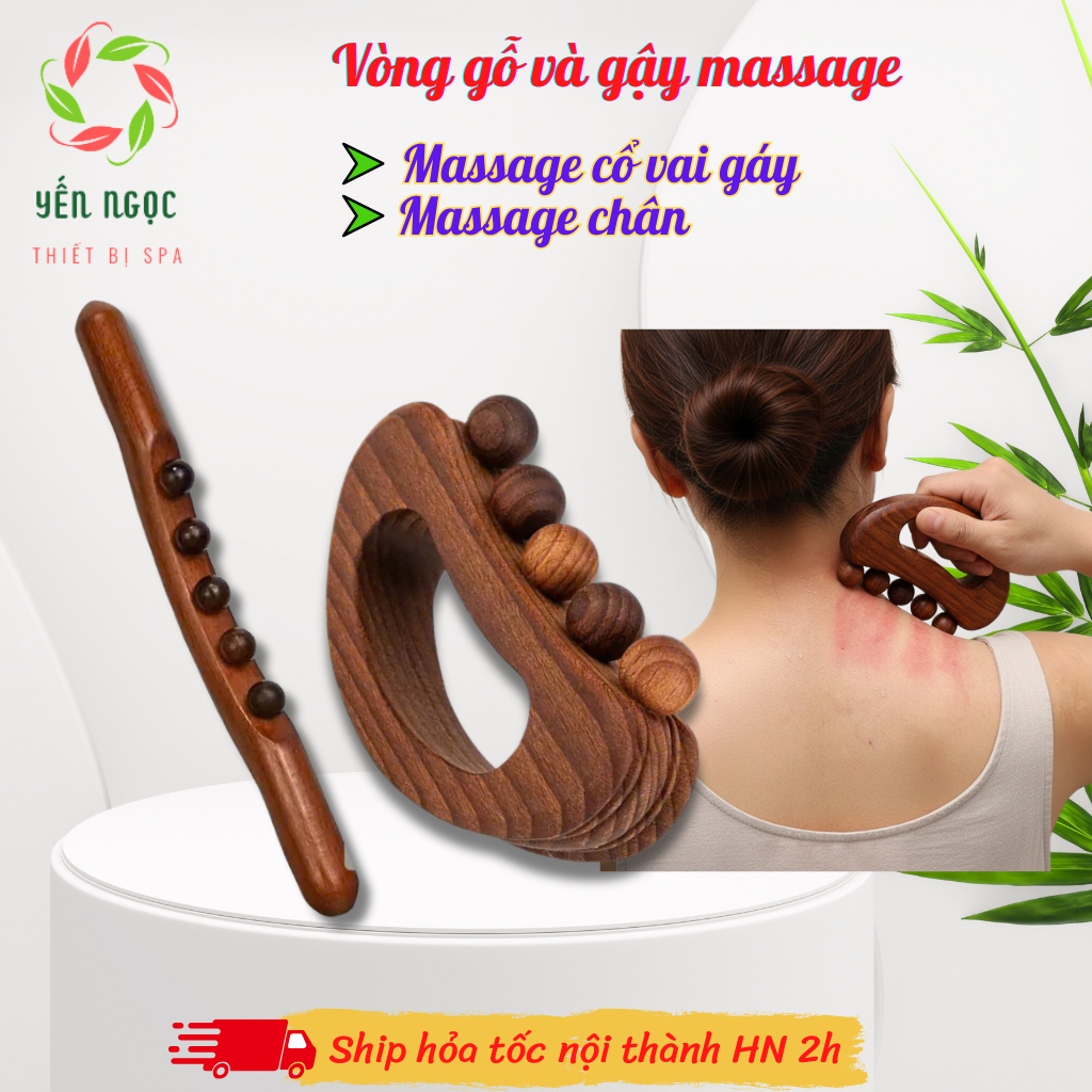 Gậy gỗ, vòng gỗ 5 và dầu gừng 500ml bi massage cổ vai gáy, massage chân giảm đau mỏi (có tách lẻ)