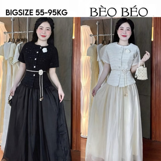   BÈO BÉO BIGSIZE   SET THIẾT KẾ NỮ ÁO DẠ KIM SA BLING - CHÂN VÁY XOÈ MAXI - DÂY BELT ĐÍNH HOA FORM BIGSIZE 60-90KG 