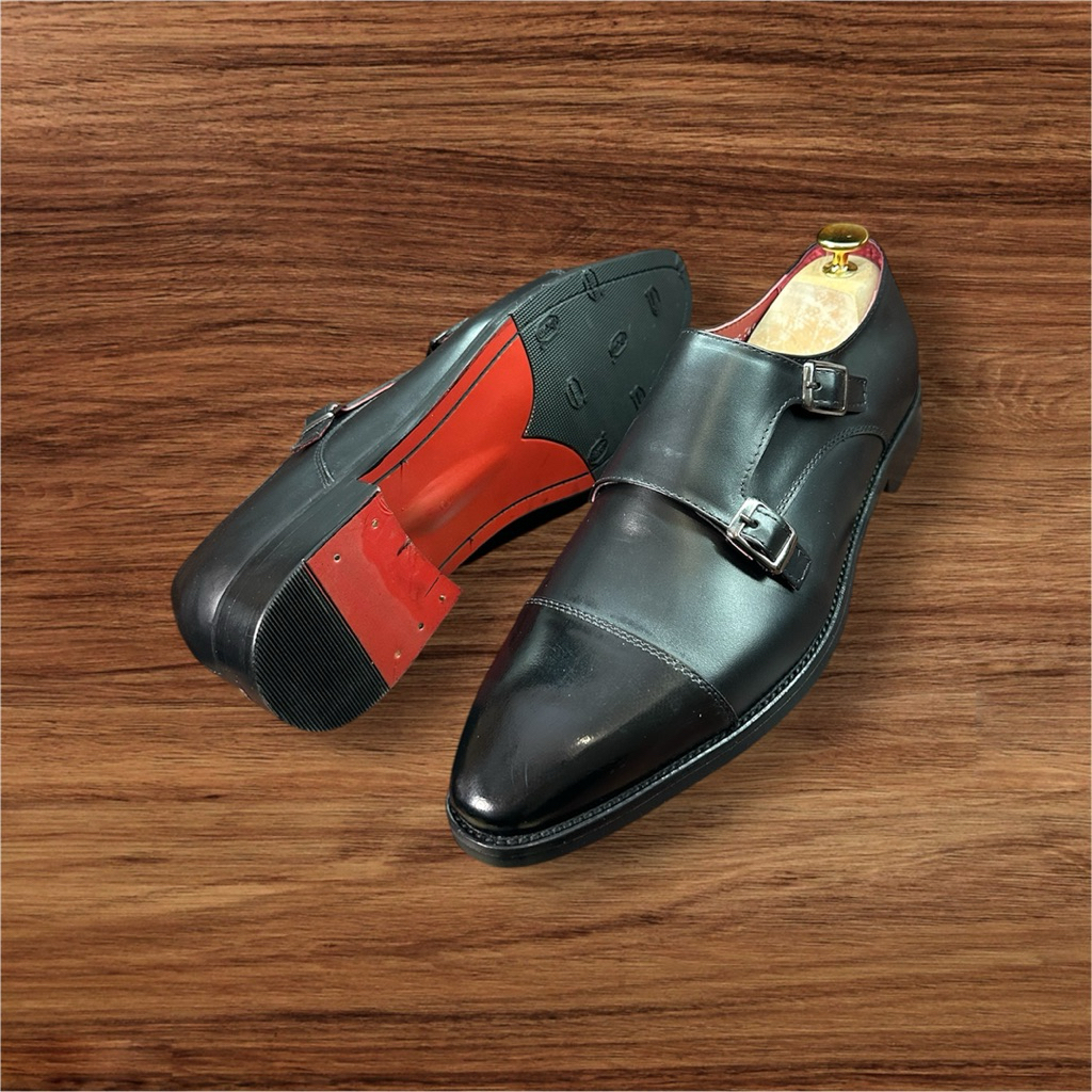 Double Monstrap Da Bò Đế Gỗ Đỏ Cao Cấp Mũi tròn màu đen 3cm Giày tây nam