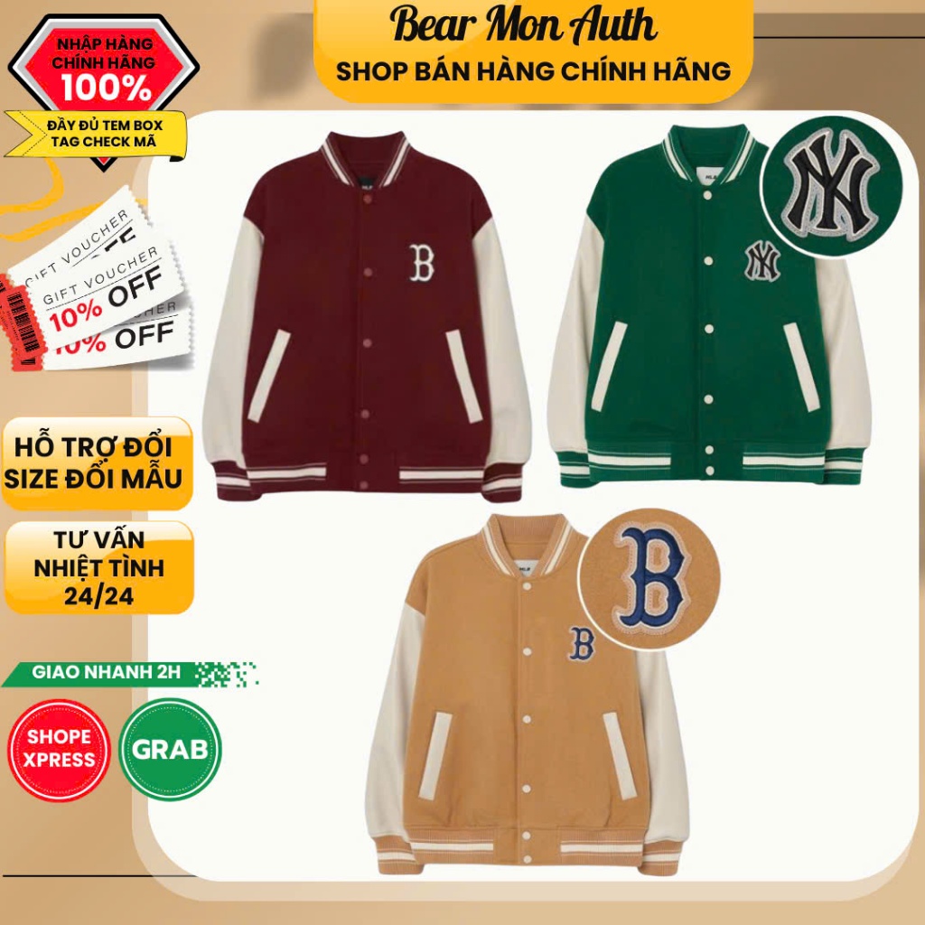 Áo Khoác Bomber ML bÊ Basic Varsity Padded Baseball Jumper Màu Xanh Lá / Nâu /Đỏ Đô 3AJPB0131 Tay Da