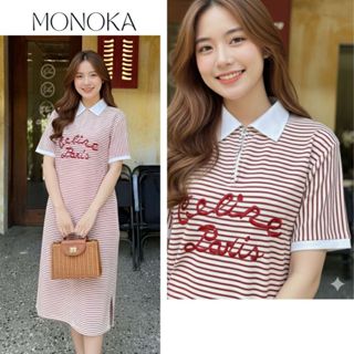  Váy polo dáng dài form rộng kẻ ngang đỏ phối cổ trắng cộc tay xẻ tà Đầm nữ bầu mặc được bigsize đi học đi chơi T1209G 