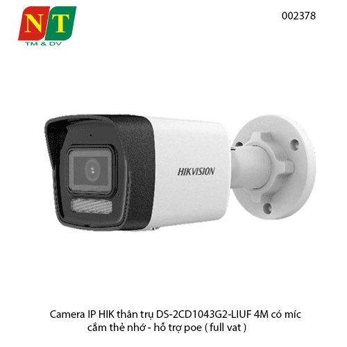 Camera IP thân trụ HIKVISION DS-2CD1043G2-LIUF 4MP – Có mic, cắm thẻ nhớ, hỗ trợ PoE – Chính hãng – 