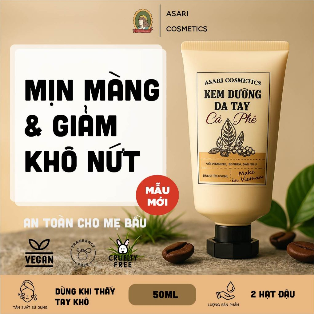 [50ml - mẫu mới] Kem dưỡng da tay cà phê mịn màng, giảm khô nứt handmade Asari Cosmetics