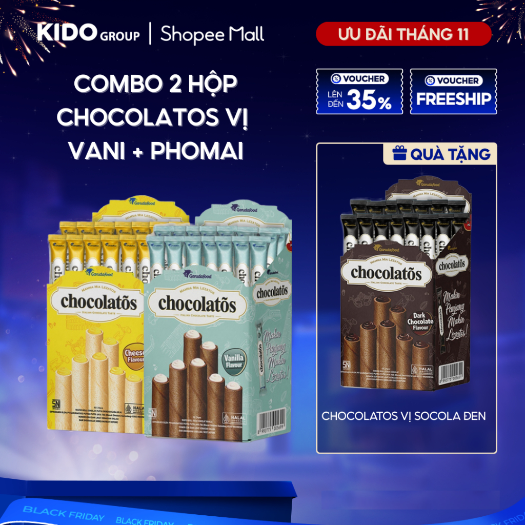 [Tặng 1 hộp vị Socola đen] Combo 2 bánh cuộn Chocolatos Vani + Phô mai | Kido Group