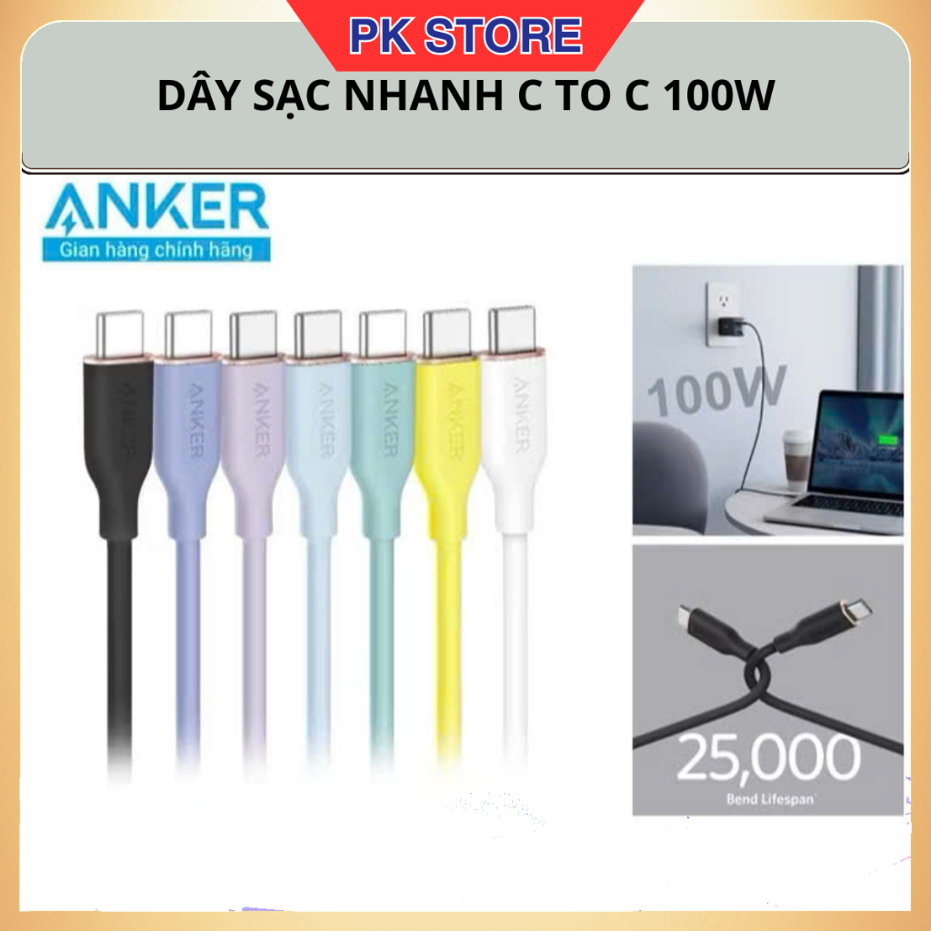 Cáp sạc  Anker PowerLine III Flow Type C to C 100W 5A  - A8552/A8553 sạc nhanh PD Laptop Mac Air Pro