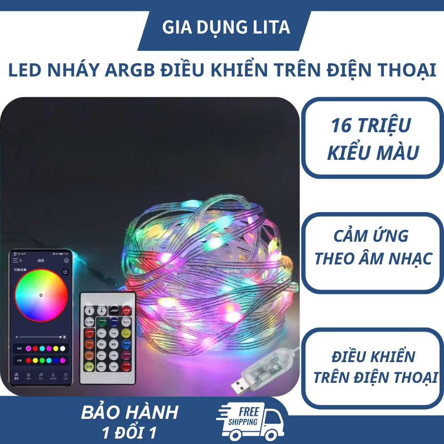 Đèn Nháy Led ARGB 16 Triệu Màu Chống Nước Dài 10M 20M Điều Khiển Bằng Điện Thoại Nháy Theo Nhạc