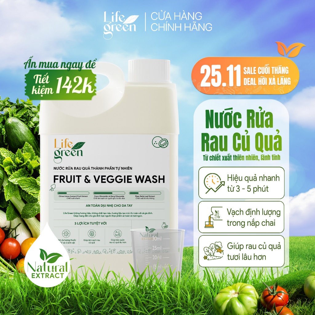 Chai Siêu Lớn Nước Rửa Rau Củ Quả Sinh Học Life Green - Sạch Bụi Bẩn, Kháng Khuẩn - 2.8L.
