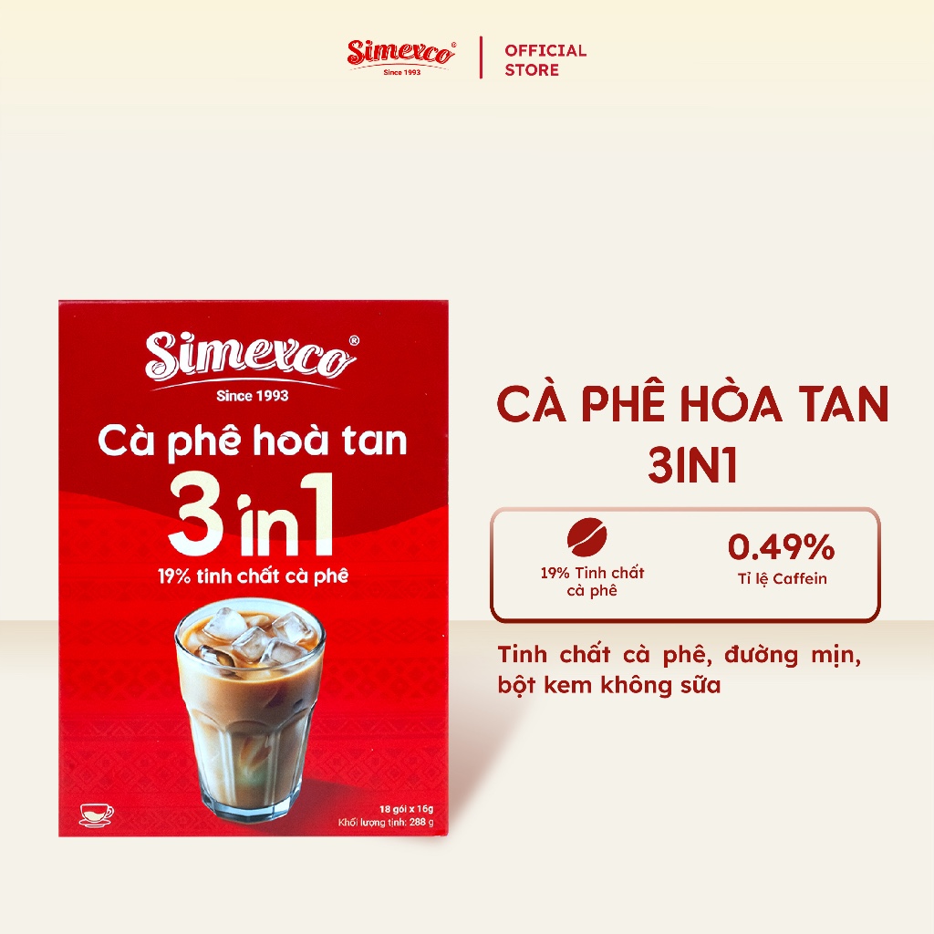 Cà phê hòa tan Simexco 3in1 Cà phê sữa (18 gói x 16gr)
