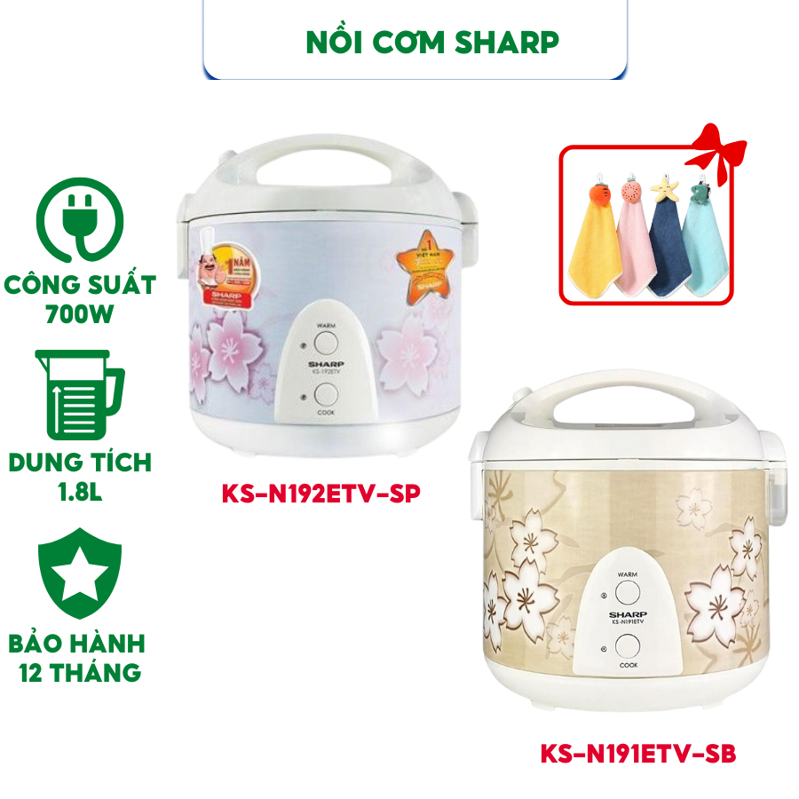 Nồi cơm điện Sharp dung tích 1.8L KS-N192ETV / KS-N191ETV - Công suất 700 W, Công nghệ nấu 2D