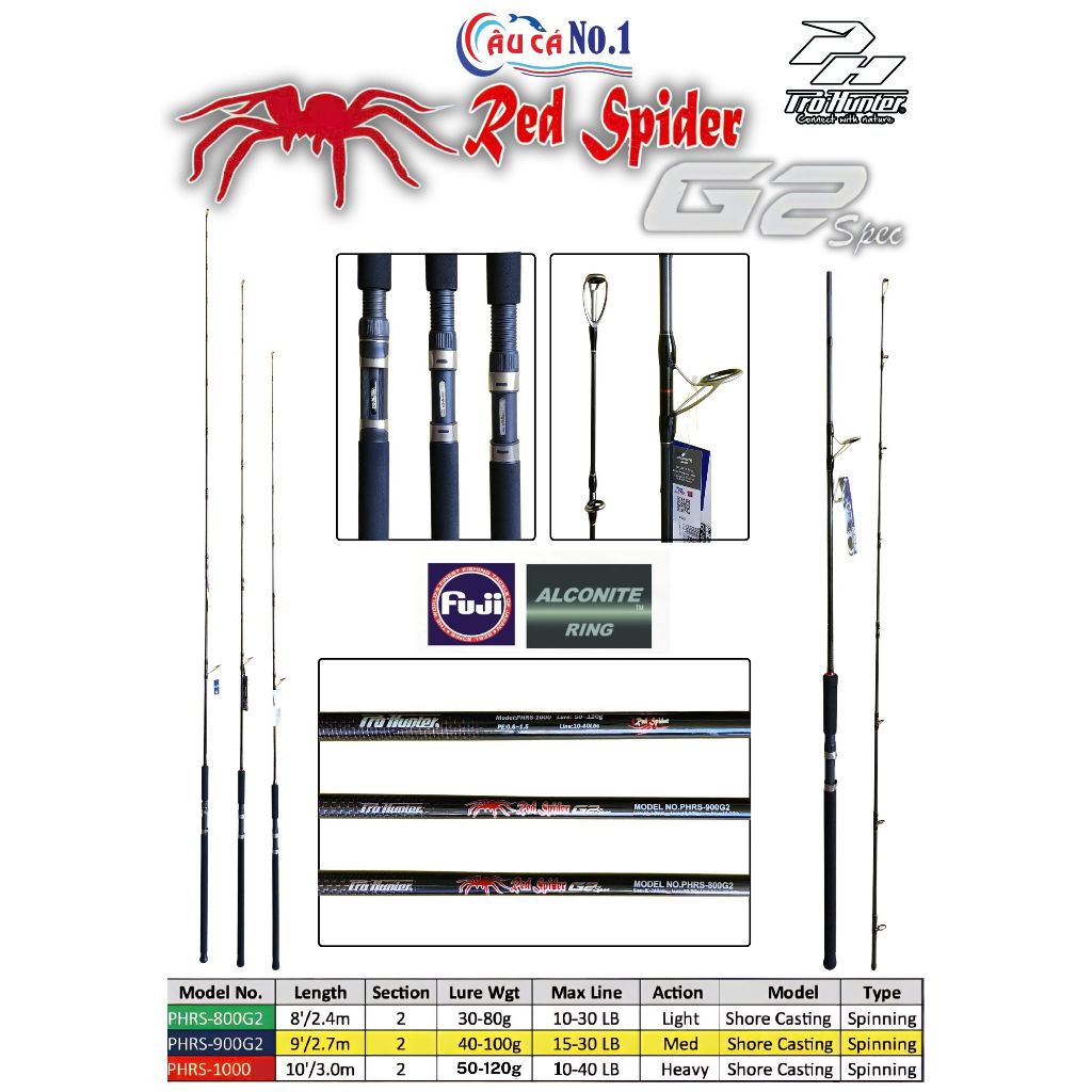 CẦN CÂU CÁ - CẦN MÁY ĐỨNG 2 KHÚC - PROHUNTER RED SPIDER PHRS-800/900/1000 - 2.4m/2.7m/3.0m