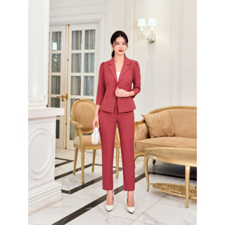  Set đồ công sở nữ Cardina chất tuýtsi áo cổ vest quần ống côn 3SQT02 