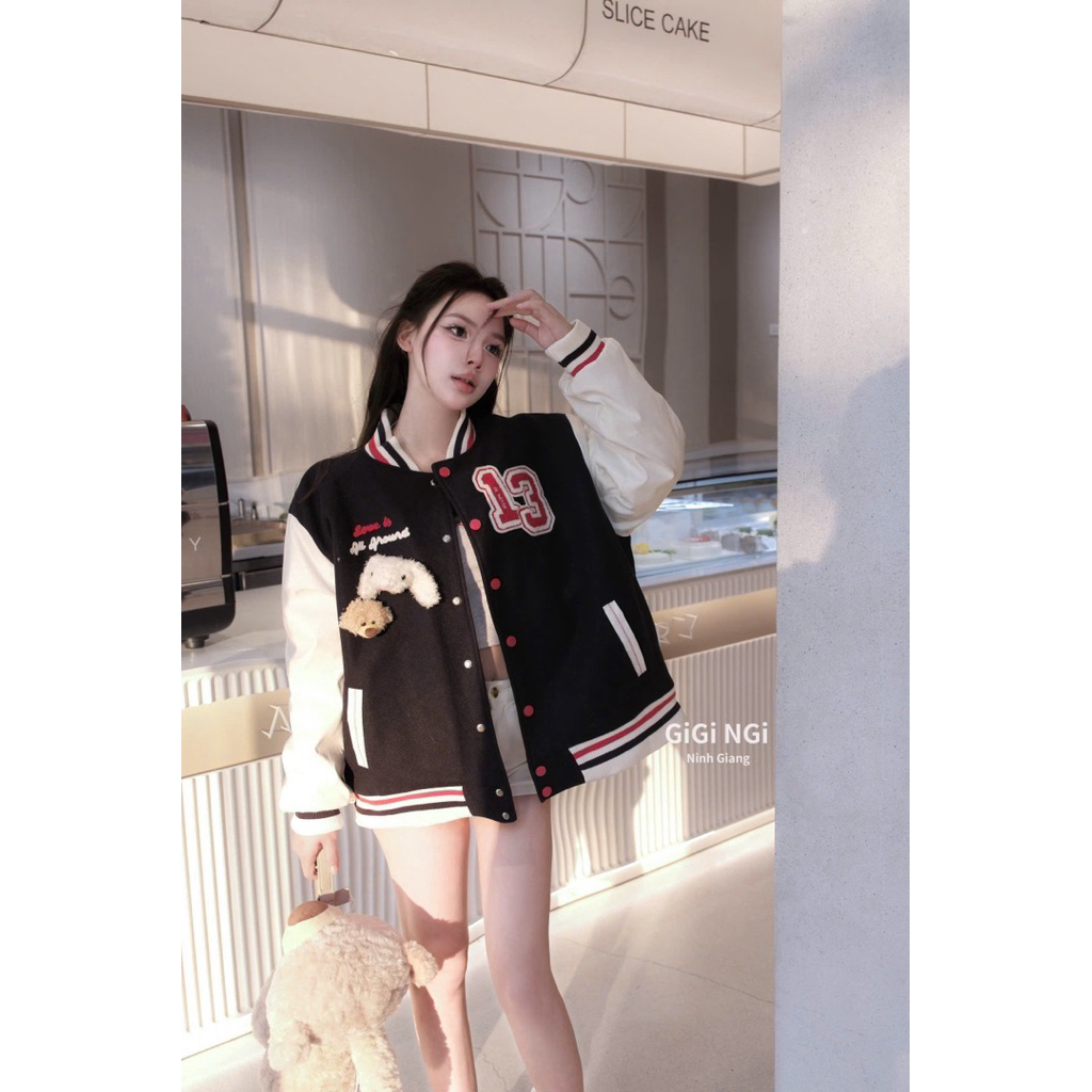 Áo Khoác 13De Marzo Bomber Tím Than Trần Bông Chữ Thêu Xù QC