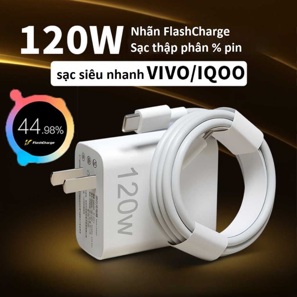 Bộ sạc nhanh VIVO/IQOO 120W nhãn Flashcharge sạc thập phân % pin, hàng chuẩn chính hãng
