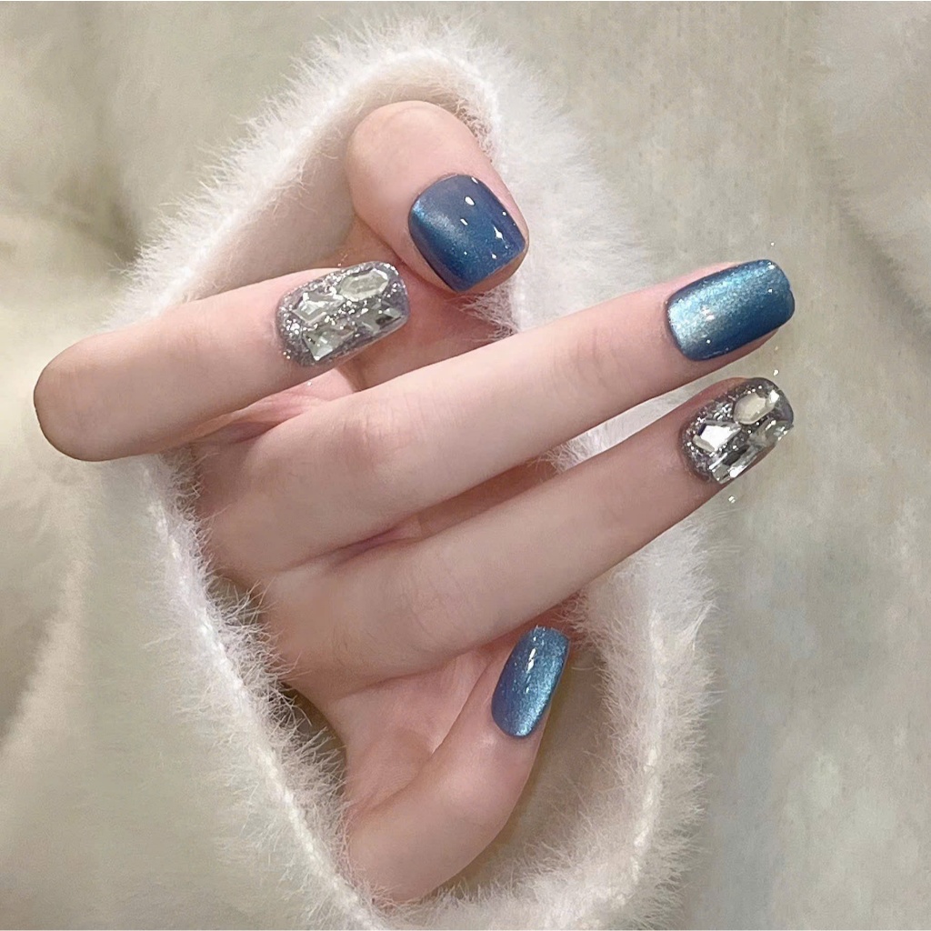 Bộ có 24 Móng tay giả cao cấp - Nail vuông ngắn, Nail box Mắt Mèo Xanh Lấp Lánh, Nail Đính Đá, (có k