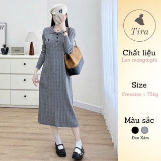  Váy len mongtoghi TIRA MAMA M139 Váy len bầu Váy bầu cổ polo xoắn thừng thêu ngựa 