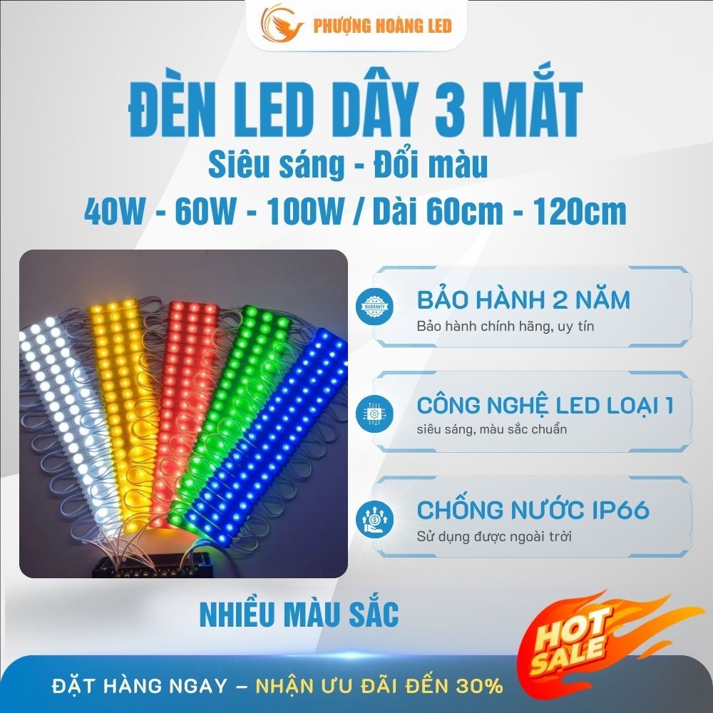 Led dán hắt 3 bóng mắt cầu lồi, Dây Led siêu sáng điện 12v 1 vỉ 12 thanh 3 mắt decor biển hiệu, xe h