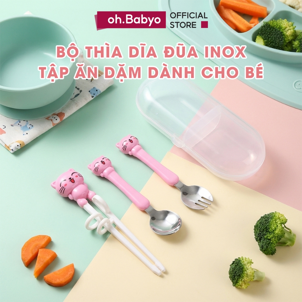 COMBO 3 Món Đũa Thìa Dĩa Cho Bé Tập Ăn Dặm ohBabyo Bộ Dụng Cụ Ăn Dặm Đa Năng Nhỏ Gọn Dễ Cầm Nắm